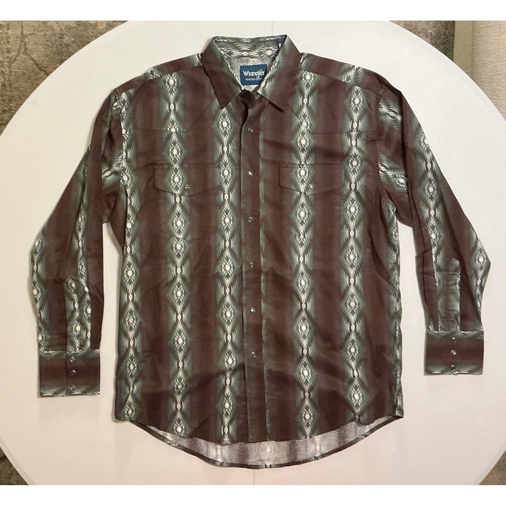 VTG Y2K Wrangler Mens Aztec Western Snap Shirt Brown Green Geometric Cotton L